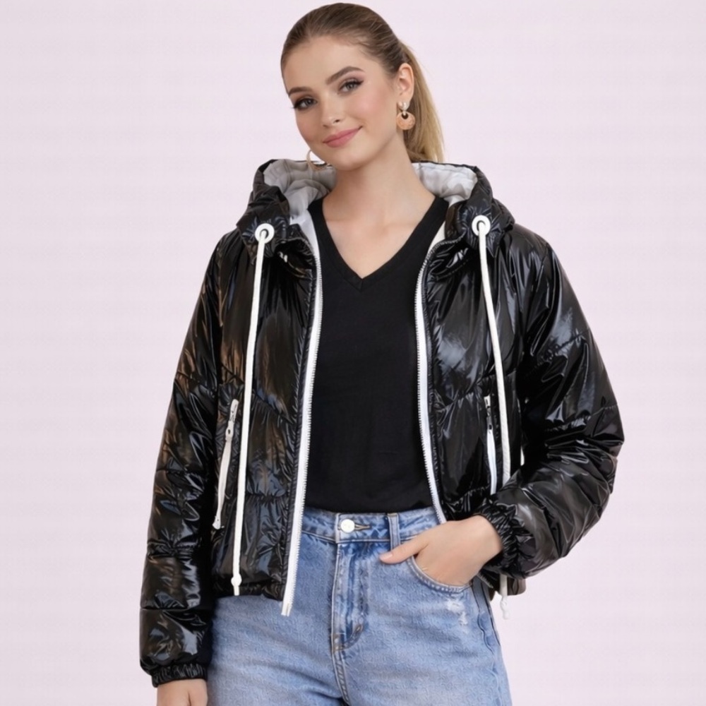 IBIZE Black High-Shine Puffer Jacket with Hood | Zip Front~ Fits- Small-Medium